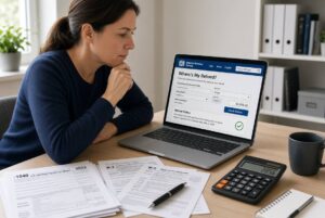 Taxpayer checking IRS refund status on a laptop beside tax documents and calculator”