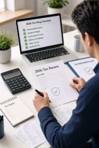 Taxpayer reviewing 2026 tax deductions and credits with documents and calculator