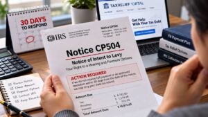 Taxpayer reviewing IRS Notice CP504, a 30-day collection warning, and tax payment options.