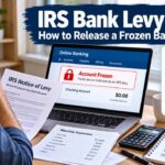 Taxpayer reviewing an IRS bank levy notice and frozen bank account information in 2026.