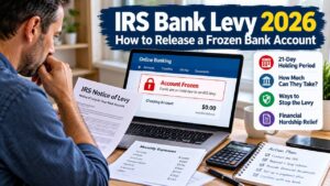 Taxpayer reviewing an IRS bank levy notice and frozen bank account information in 2026.