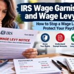 IRS wage garnishment 2026 guide showing a taxpayer reviewing a wage levy notice and paycheck.