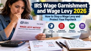 IRS wage garnishment 2026 guide showing a taxpayer reviewing a wage levy notice and paycheck.