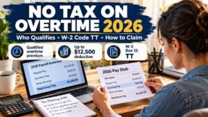 No Tax on Overtime 2026 guide showing a worker reviewing payroll records, the qualified overtime deduction, and W-2 Code TT reporting.